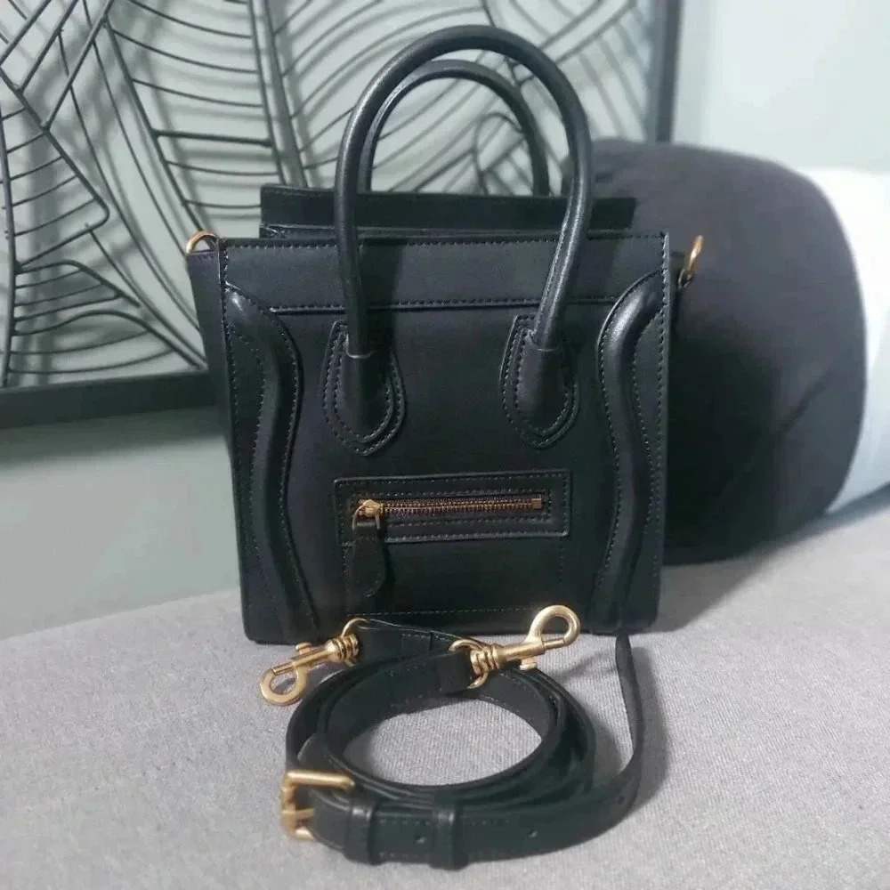Black Leather Fashion Nano Satchel Bag with Antique Gold Hardware - NWOT
